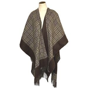 Shawl Wrap Fuzzy Twill Brown Cream Houndstooth  Large Fringed Hem Poncho Neutral